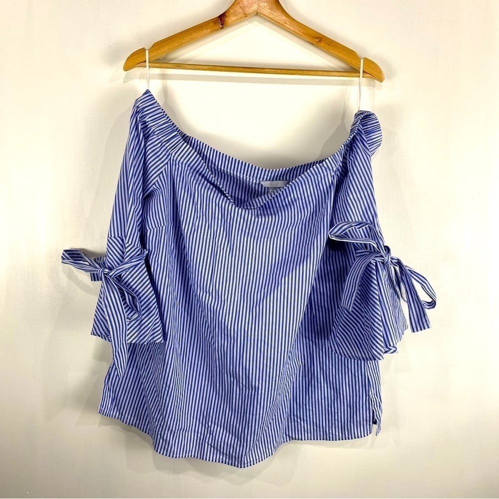 H&M: Striped Off The Shoulder Elastic Flowy Tie Bell Sleeve Shirt Blouse Size 12
